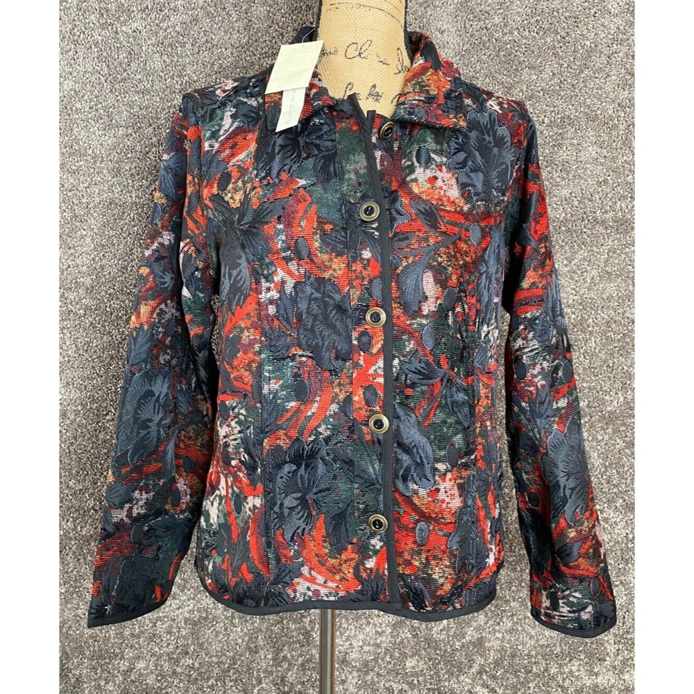 Christopher & Banks Womens M Red Black Floral Tapestry Button Up Jacket NWT 5873